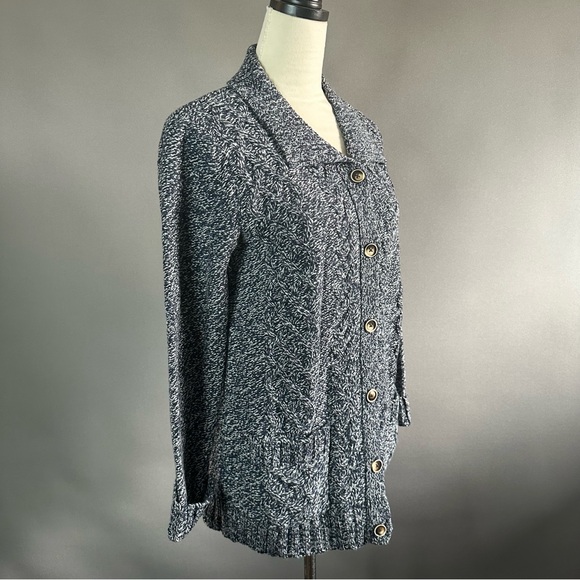 Vermont Country Store Wool Blend Cable Knit Marbled Navy Blue Cardigan Size L - Picture 5 of 12